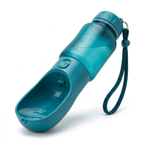 Teal portable dog water bottle with integrated drinking trough on a white background